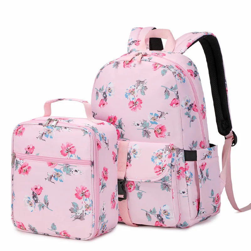 Fengdong 2pcs/set girls flower backpack school bag girl bookbag thermal lunch bag pink and grey floral school backpack for girls