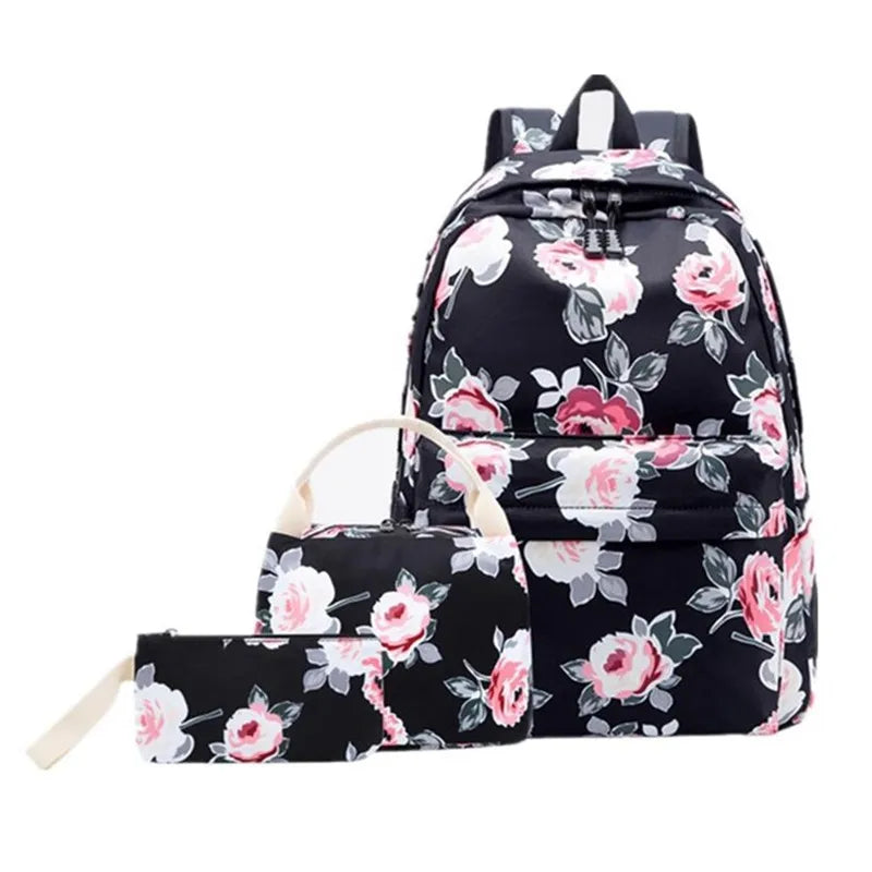 Fengdong 3pcs/set girls canvas school backpack kids school bag set vintage flower bookbag children food bag pen pencil bag gift