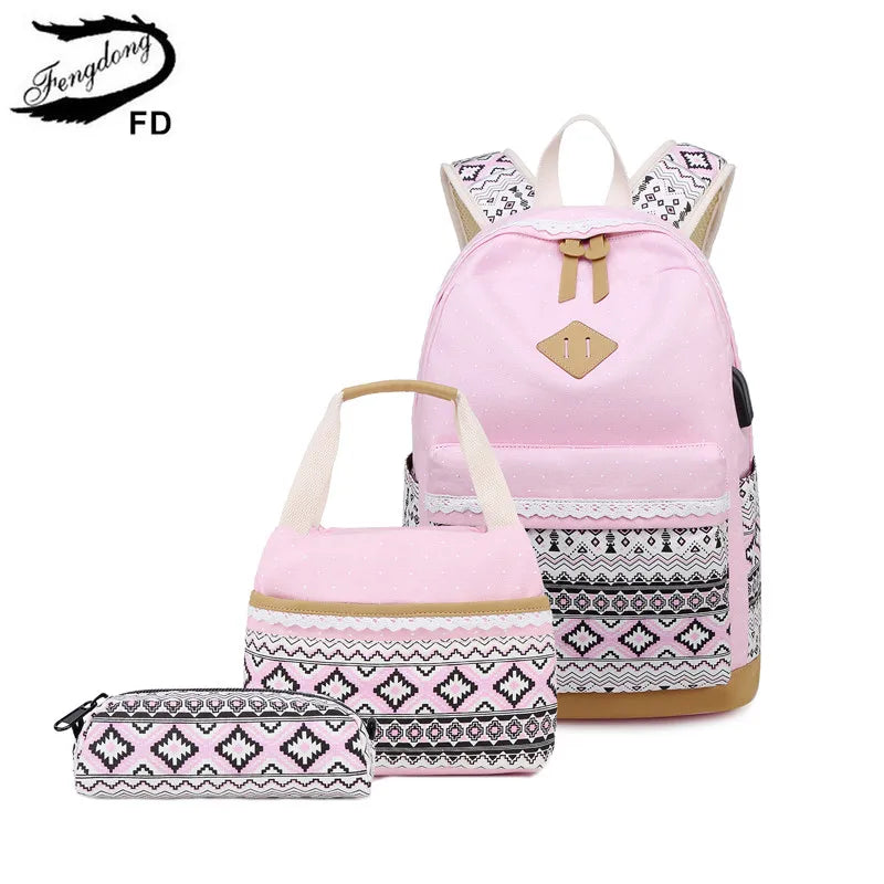 Fengdong 3pcs/set kids ethnic dots canvas backpack school bags for teenage girls pencil book bag set student backpack lunch bag