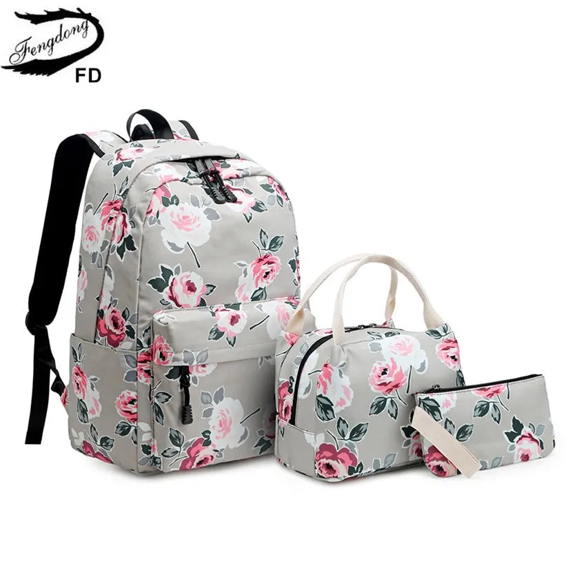 Fengdong 3pcs/set school bags for teenage girls rose flower lunch food bag pencil bag school backpack set kids floral book bag