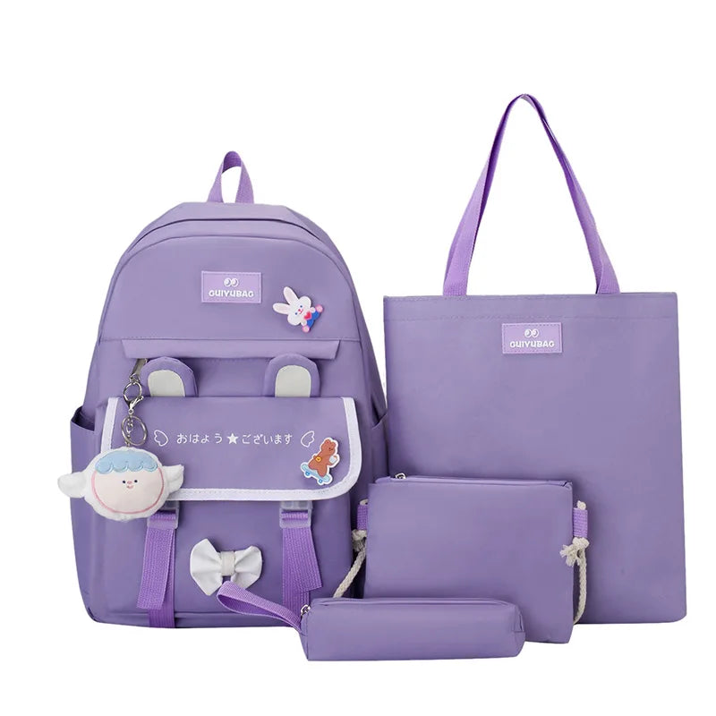 Fengdong 4pcs/set elementary school backpack for girls cute Kids backpack handbag Korean style cartoon rabbit girls school bags