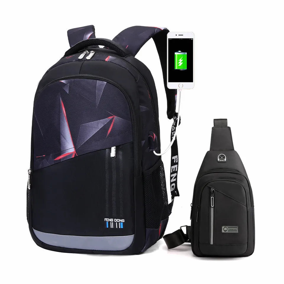 Fengdong High school backpack for boy sling shoulder chest bag pack men school bags male usb charge bag college laptop backpack