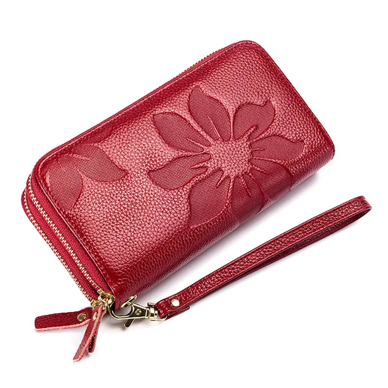 Fengdong ladies big card wallet women genuine leather phone wallet girl gift female big money bag vintage flower leather purse