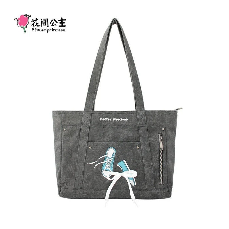 Flower Princess Shoes Women's 2024 Trend Fashion Female Denim Cloth Shoulder the Tote Designer Big Larger Bags for Women