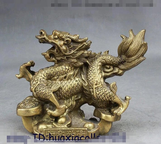 Folk Chinese Fengshui Brass Yuanbao Money Auspicious Ruyi Dragon Wealth Statue