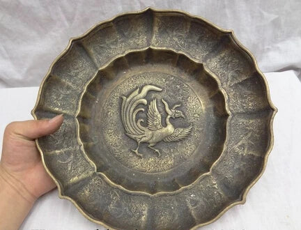 Free Shipping 30cm 12" Chinese Pure Bronze FengShui Bird Phoenix Statue Plate Tray Salver Dish