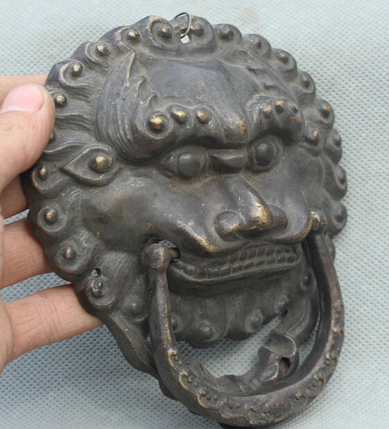 Free Shipping 6" Old Chinese Feng Shui Bronze Fu Foo Dog Guardion Lion Head Mask Door Knocker S0705 Discount 35%