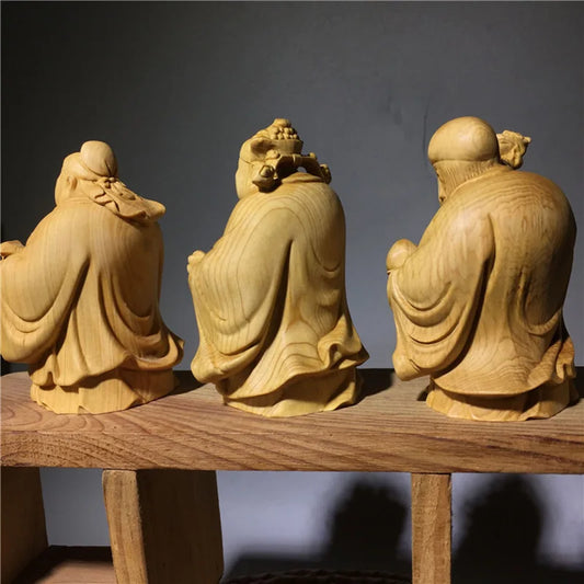 Fu Lu Shou Solid Wood Character Ornament Wooden Hand-carved Home Living Room Bedroom Decorative Statue 3 Piece Set