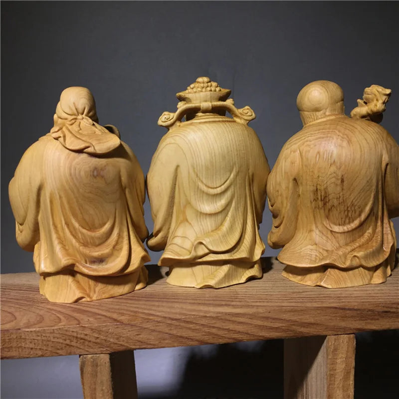 Fu Lu Shou Solid Wood Character Ornament Wooden Hand-carved Home Living Room Bedroom Decorative Statue 3 Piece Set