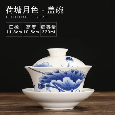 Gaiwan Teacup Extra Large Ceramic Tea Set, Kungfu Single Tea Bowl, Sancai Cup, White Porcelain, Blue and White Hand-held Pot