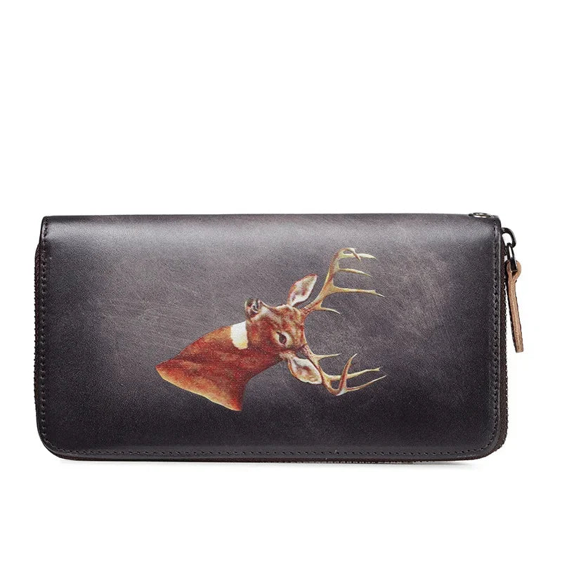 Genuine Leather Clutch Women Purse Deer Pattern High Quality Designer Brand Cards Holder Female Money Bag Zipper Long Wallets