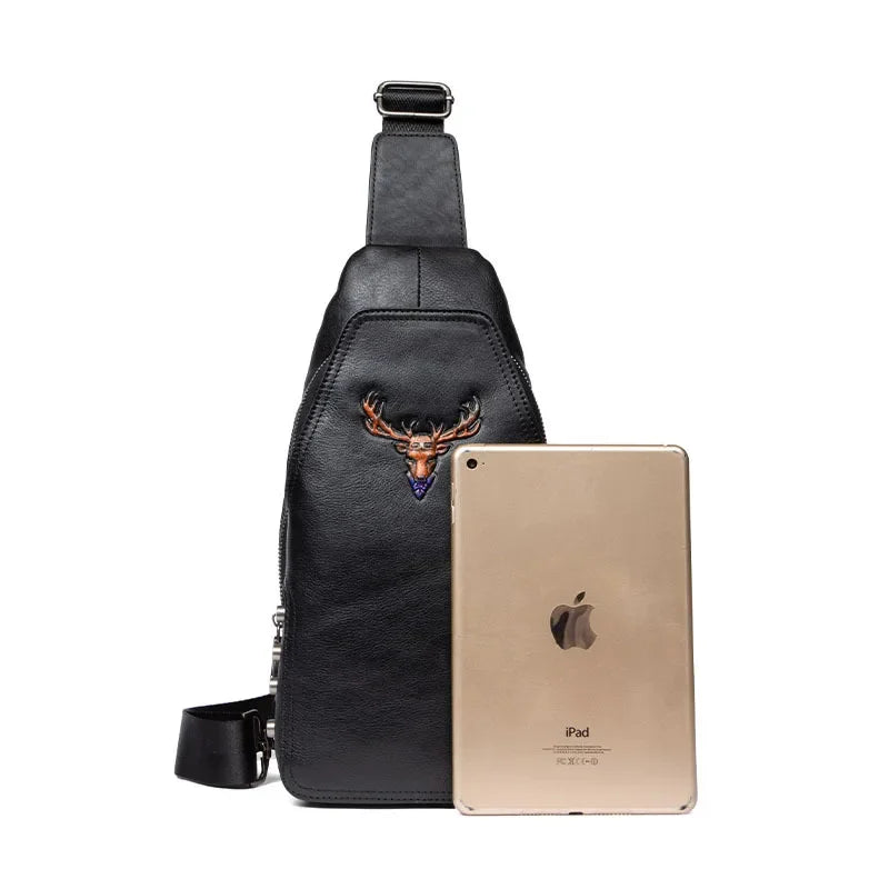 Genuine Leather Deer Head Men's Chest Large Capacity Crossbody Vintage Business Shoulder Cowhide Sling Bag