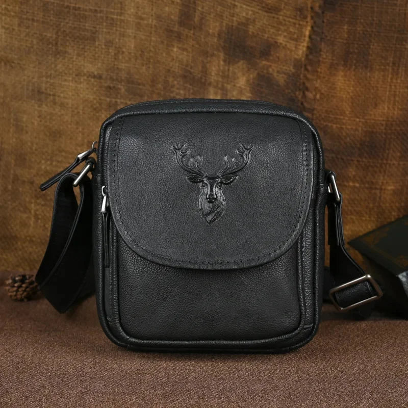 Genuine Leather Deer Head Men's Shoulder Vintage Cowhide Crossbody Fashion Messenger Bag Man Strap Handbags