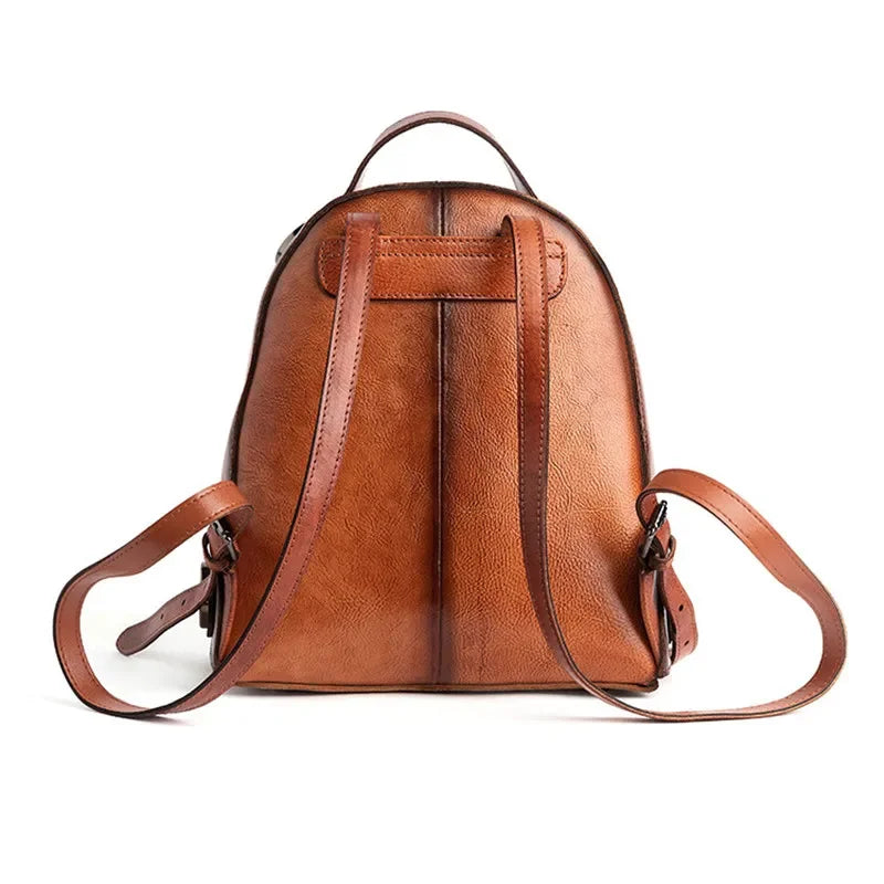 Genuine Leather Deer Head Women's Vintage Cowhide School Bags For Girls Casual Small Ladies Travel Backpack