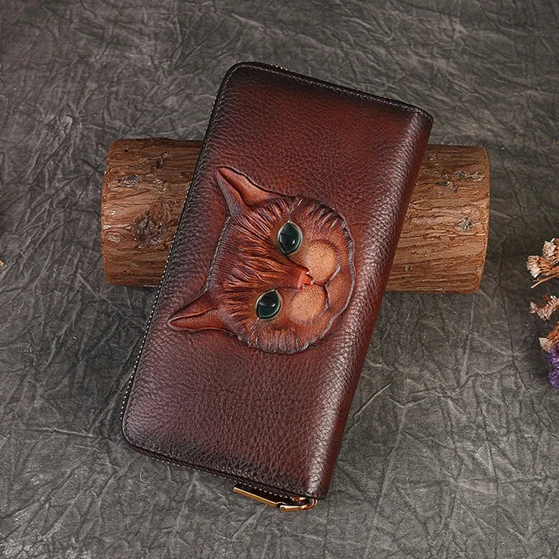 Genuine Leather Long Wallet for Women Purse ID/Credit Card Cash Holder Cat Pattern Retro Female Cowhide Money Purses Bag