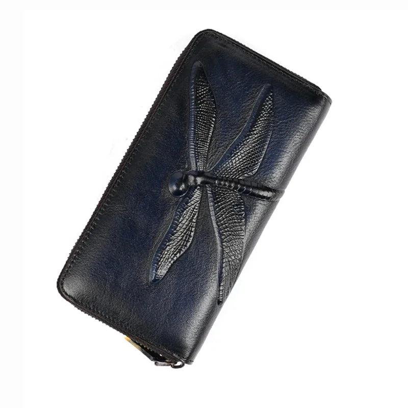 Genuine Leather Long Wallet for Women Purse ID/Credit Card Cash Holder Dragonfly Retro Designer Female Cowhide Money Clutch Bag