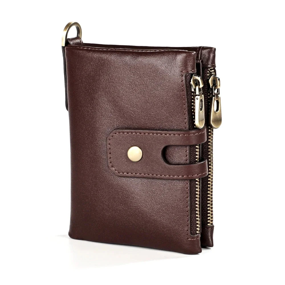 Genuine Leather Men's Anti Rfid Cowhide Chain Double Zipper Wallet