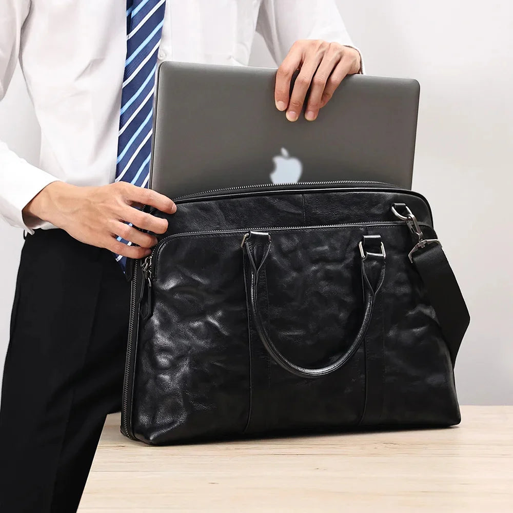 Genuine Leather Men's Briefcase 15.6" Laptop Business Office Messenger Bag Vintage Handbag for Document Shoulder Bags