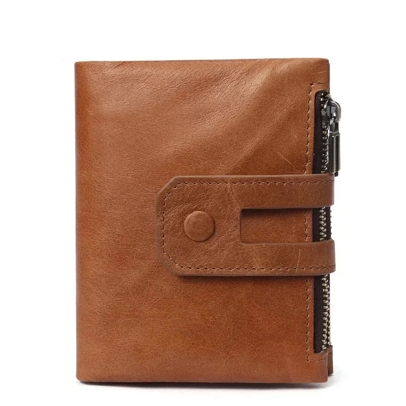 Genuine Leather Men's Wallet RFID Anti-theft Brush Double Zipper Men Holder Fashion Multi Card Short Handbag