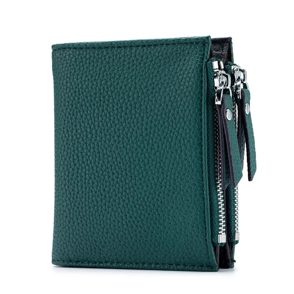 Genuine Leather Short Multifunctional and Fashionable Wallet Double Zipper Pocket Change Card Bag