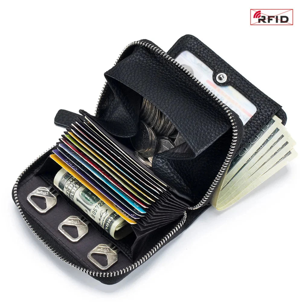Genuine Leather Small Wallet Women Men RFID Blocking ID Card Holder Zipper Key Purse Short Hasp Wallets for Mother Day Gift