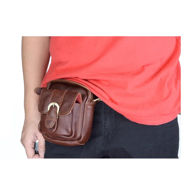 Genuine Leather Waist Bag For Men's Top Layer Cowhide Mini Crossbody Shoulder Bag Cigarette Box Glasses Key Bag