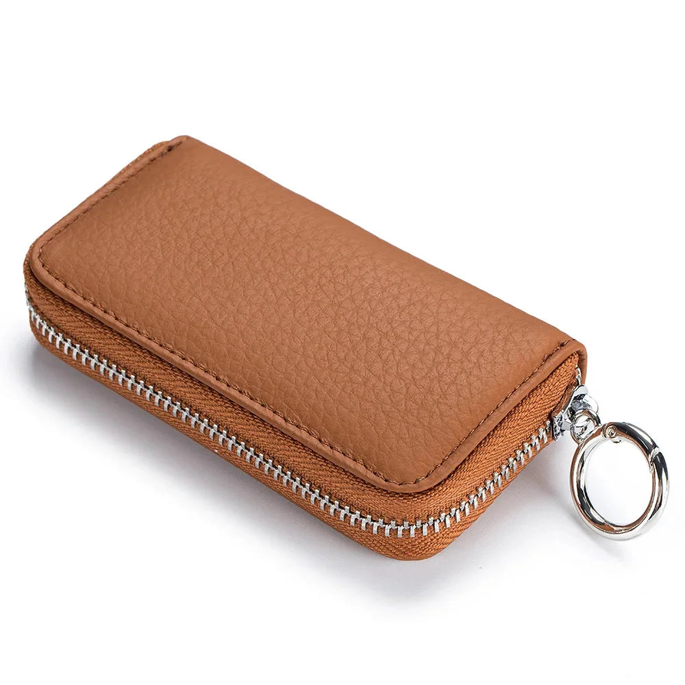 Genuine Leather chain Wallet Zippered Organizer Pouch with 6 Holders Removable Chain Loop for Car Keys Card Slot