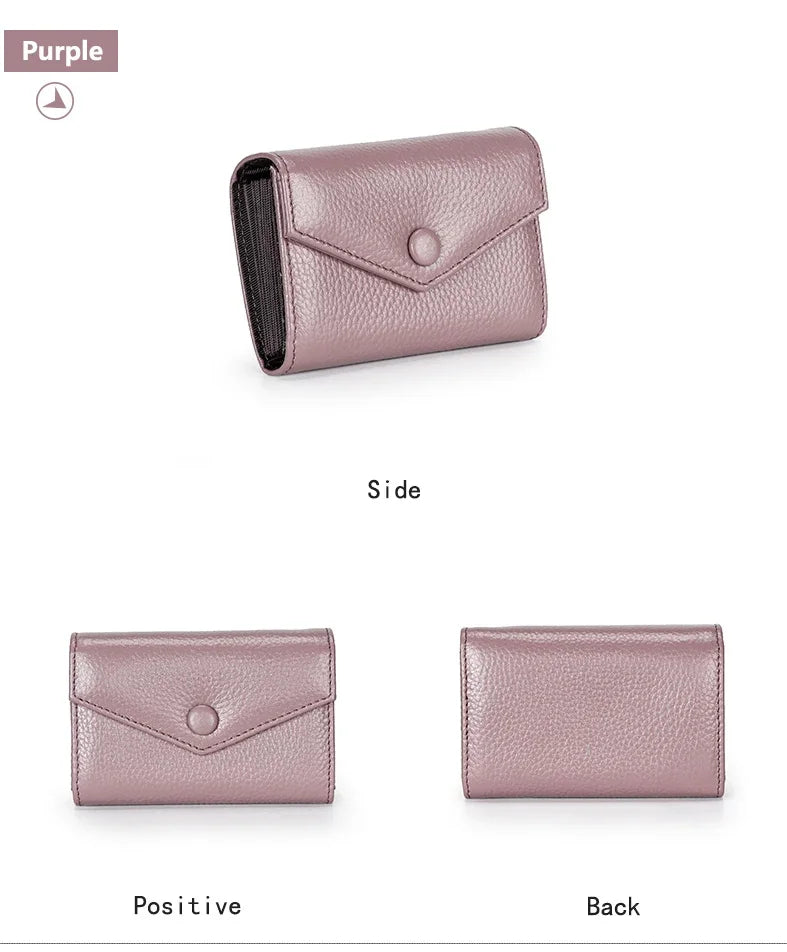 Genuine leather men and women card holder small zipper wallet solid accordion multi-card slot coin purse document bag