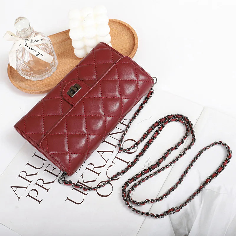 Genuine leather wallet, women's sheepskin handbag, diamond grid chain crossbody small bag