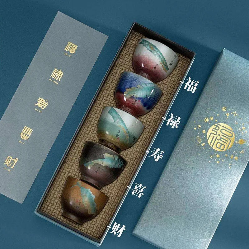 Gift Box Ceramic Tea Cup Kung Fu Teacup Happy Fortune and Five Blessings Stoneware Master Cup Fu Lu Shou Set Teaware Kitchen Bar