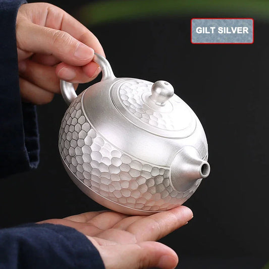 Gilt Silver Teapot Handmade Hammered Filter Ceramic Teapot 200ML Silver-Clad Porcelain Make Tea Pot Home Tea Set