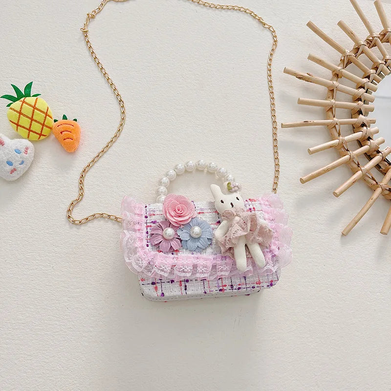 Girl Crossbody Bag Princess Pearl Handbag Cartoon Cute Rabbit Chain Shoulder Messenger Bag Children's Accessories Coin Pouch