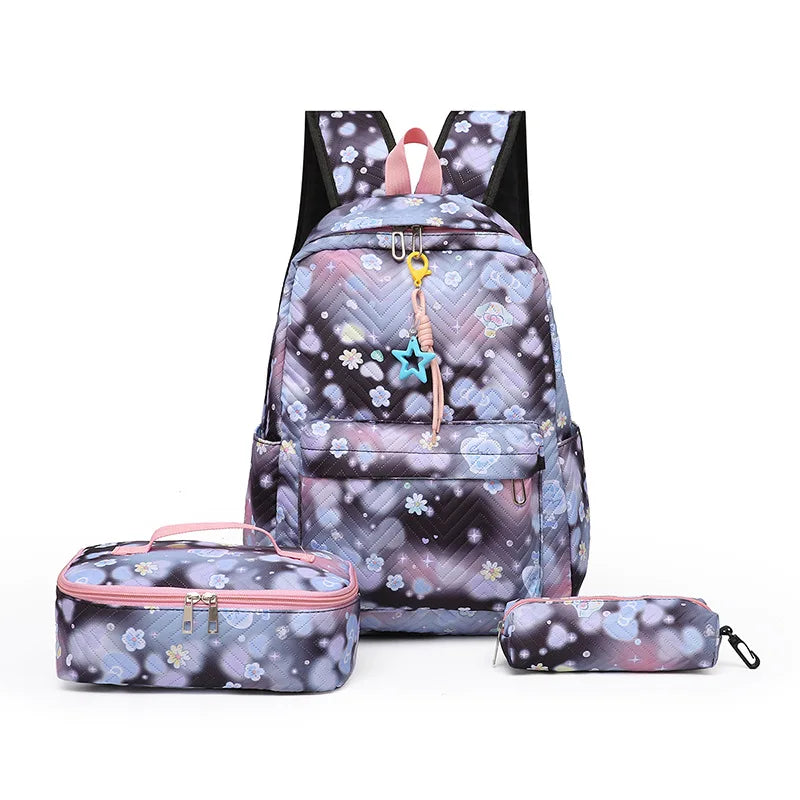 Girl Flower Printed Primary Junior High University Bookbag Lunch Bag Pencil Case 3pcs Backpack Sets Youth School Backpacks
