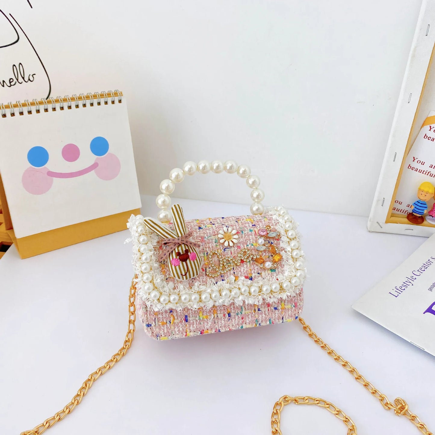 Girl's Crossbody Bag Flower Pearl Handbag Bow-knot Rabbit Shoulder Pocket Coin Purse Kids Princess Messenger Bag Birthday Gift