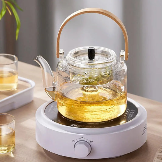 Glass Tea Pot with Bamboo Handle Steaming and Boiling Double Filter Liner Teapot Set Transparent Glass Kettle