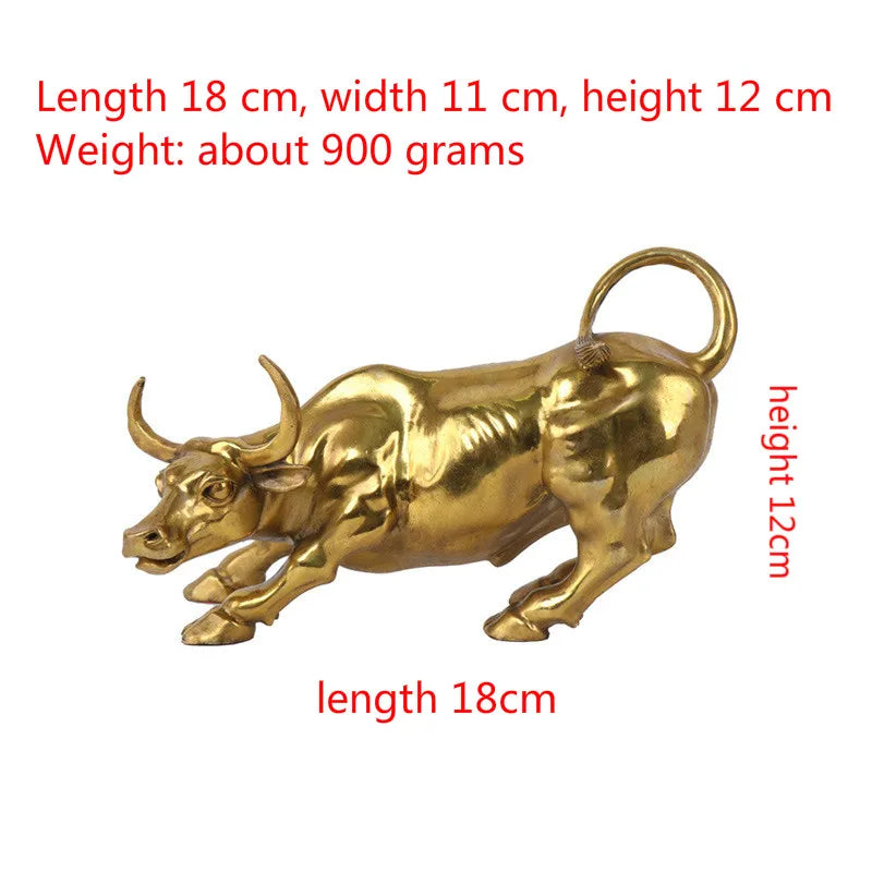 Gold Brass Charging Stock Market Bull Ornament Animal Figurine Wall Street Bull OX Statue Feng Shui Sculpture Home Office Decor