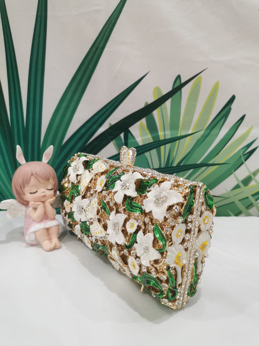 Gold Color Floral Diamond Bridal Wedding Evening Woman Bag Colorful Flower Leaves Dinner Crystal Lady Clutch Purses and Handbags