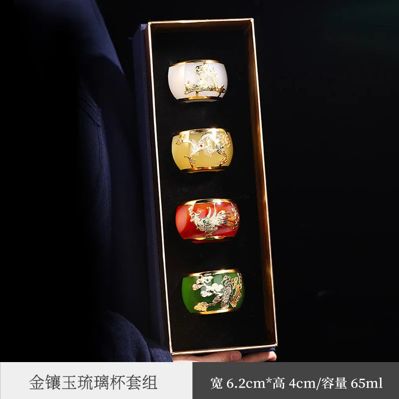 Gold Inlaid with Jade Tea Cup Agate Tea Cup Thickened Glaze Jade Tea Cup Kung Fu Tea Cup Individual Single Cup Master Cup