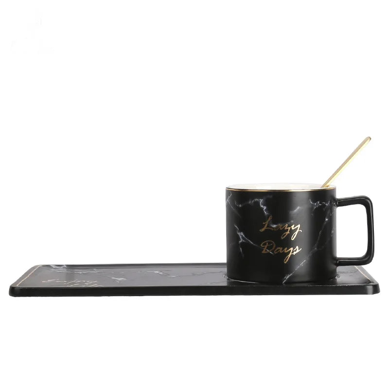 Gold Inlay Marble Coffee Cup with Spoon and Saucer Ceramic Afternoon Tea Cup Dish Plates INS Fashion Milk Mug Drop Shipping