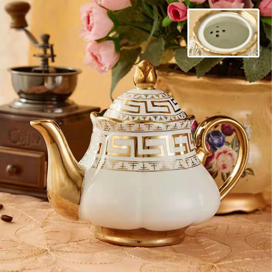 Gold Plated Ceramic Coffee Pot 1000ml Home Explosion-Proof Cold Kettle Porcelain Teapot With Filter Hole European Style Tea Set