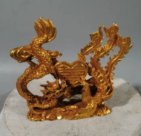 Golden Dragon and Phoenix Statue Sculpture Chinese Modern Art Couple Sculpture Feng Shui Ornament Home Decoration Wedding Gift