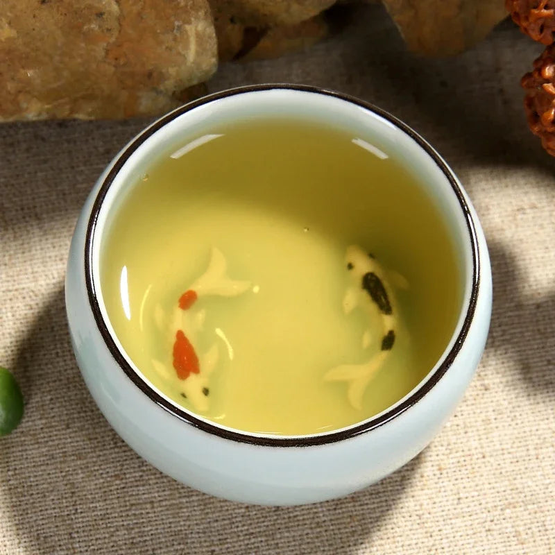 Golden Fish Tea Cup Bowl Longquan Celadon Porcelain Teacups Chinese Teapot Home Decor Ceramic Handmade Teaware Cups