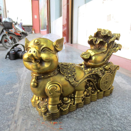 Good LUCK HOME Shop Business Money Drawing Good luck Mascot Propitious GOLD Fortune pig FENG SHUI BRASS Sculpture Statue