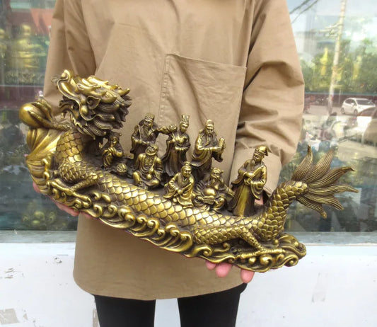Good LUCK office SHOP TOP Money Drawing GOOD LUCK Mascot # Asia Eight Immortals Dragon Boat FENG SHUI Brass statue