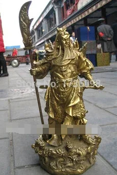 Gratis 26Cm Cina Sembilan Naga Dewa Kekayaan Jenderal "GuangGong" Patung Perunggu Kuningan