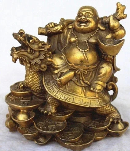 Gratis Pengiriman Tembaga Cina Uang Kekayaan Senang Tertawa Maitreya Buddha Pada Patung Kura-kura Naga
