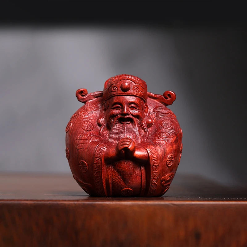 Green sandalwood statue small God of wealth home decoration lovely solid wood wood sculpture ornaments hand handle piece