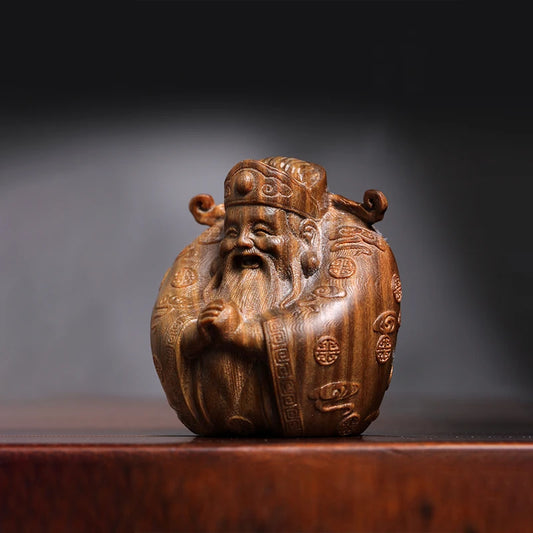 Green sandalwood statue small God of wealth home decoration lovely solid wood wood sculpture ornaments hand handle piece