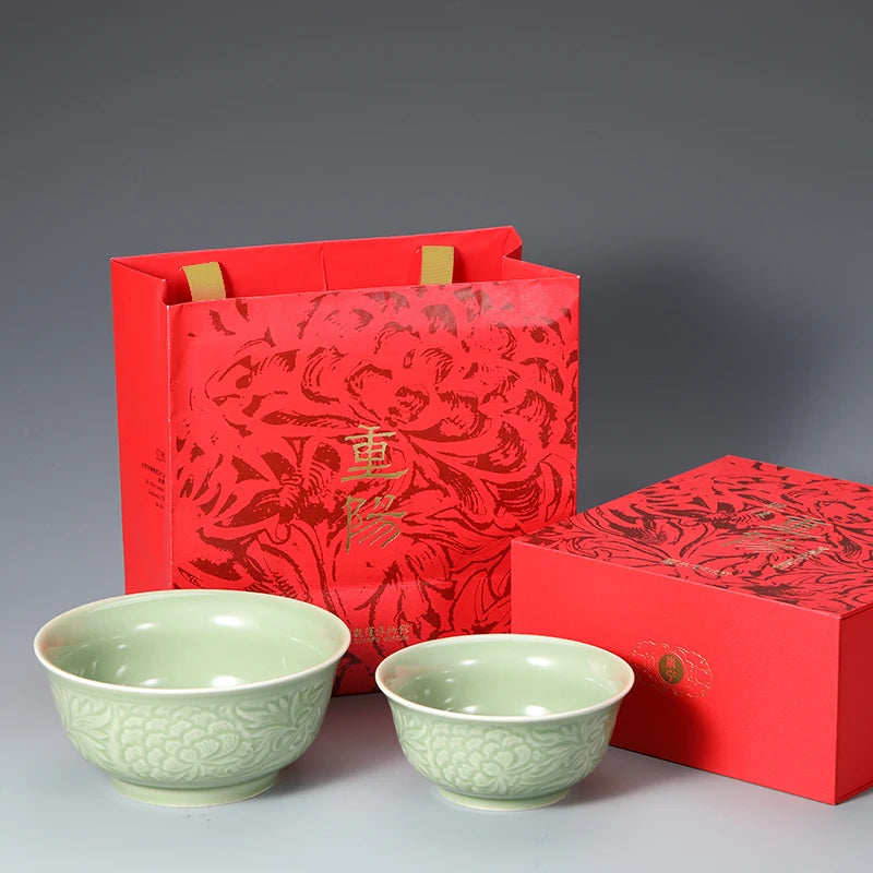Guanfu Museum Peony Celadon Bowl Set Song Ceramic Kiln One Large and One Small Son and Mother Chongyang Old Traditional Soup Noo