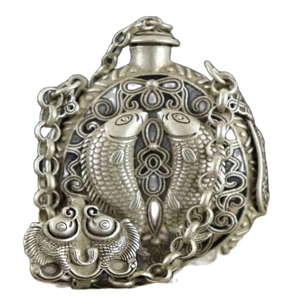 Chinese Old Tibet Silver Copper Carve Hollow Out Pair Fish Delicate Snuff Bottle